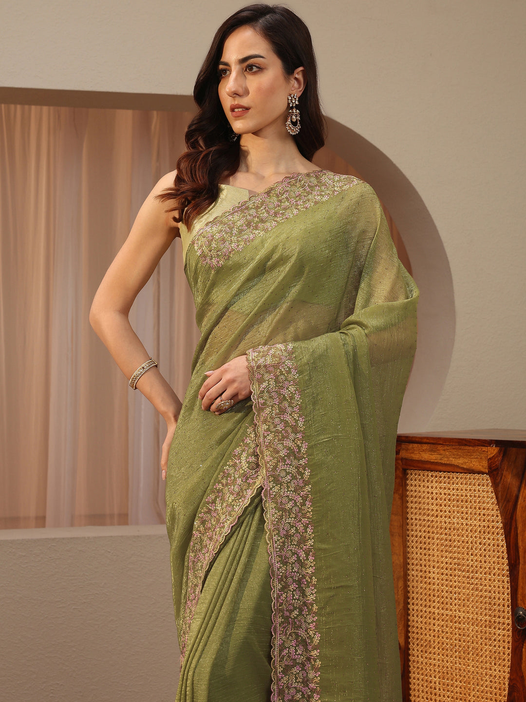  Moss Green Embellished Tissue Saree 