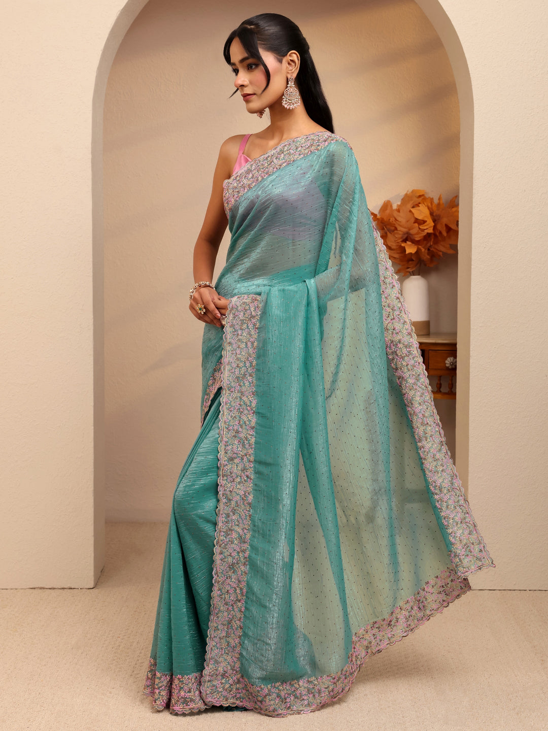  Light Teal Blue Embellished Tissue Saree 