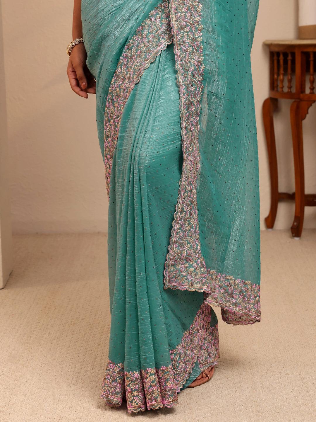  Light Teal Blue Embellished Tissue Saree 