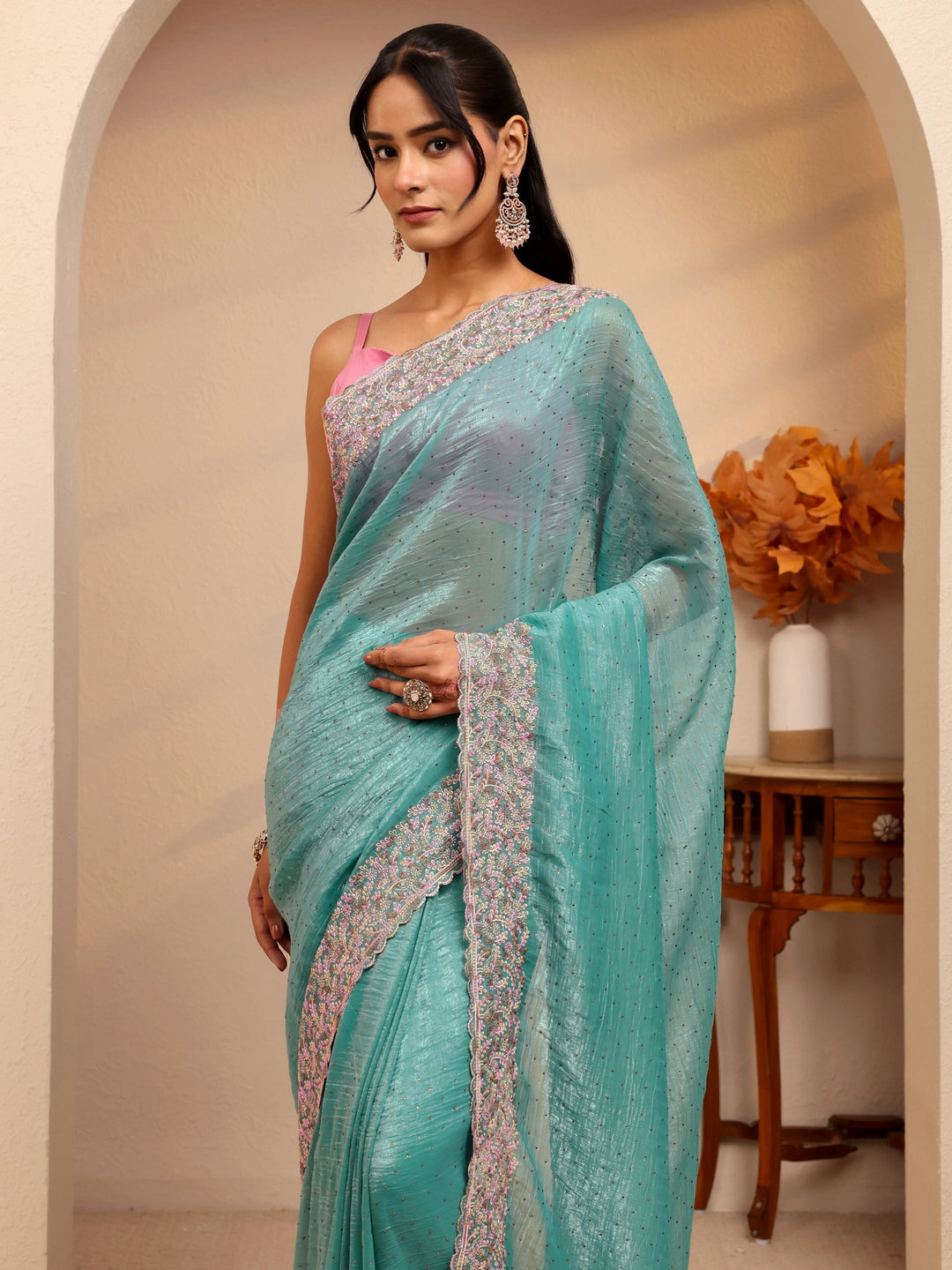  Light Teal Blue Embellished Tissue Saree 