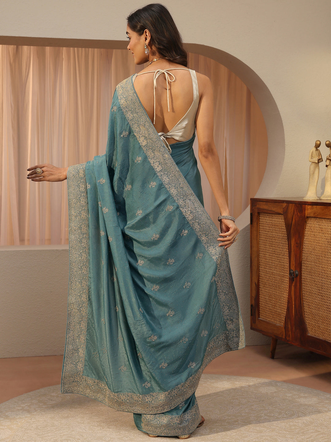  Aqua Blue Floral Embroidered Satin Saree 