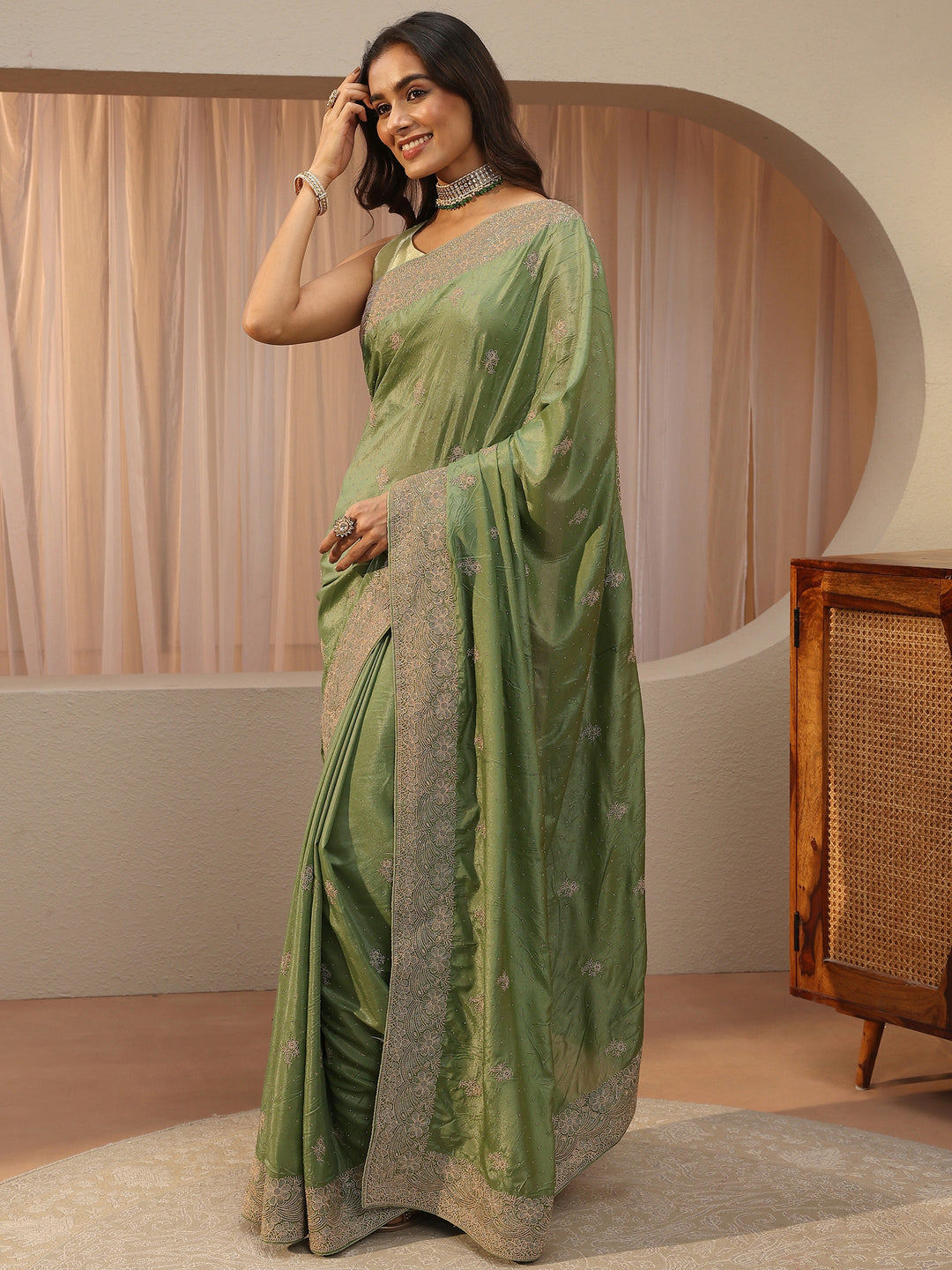  Sage Green Floral Embroidered Satin Saree 