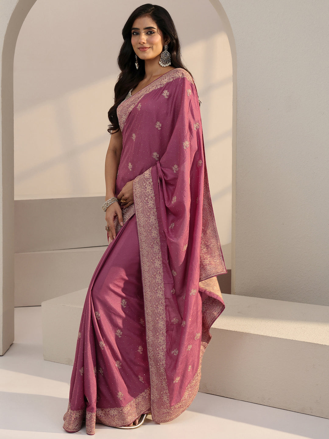  Vintage Pink Floral Embellished Satin Saree 