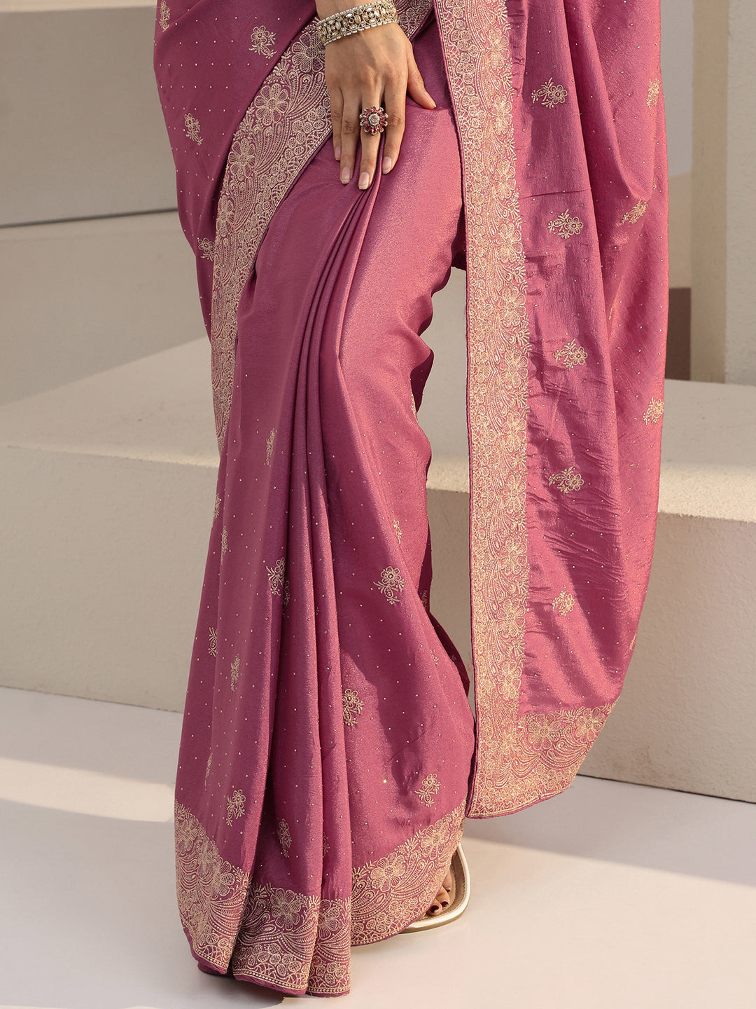  Vintage Pink Floral Embellished Satin Saree 