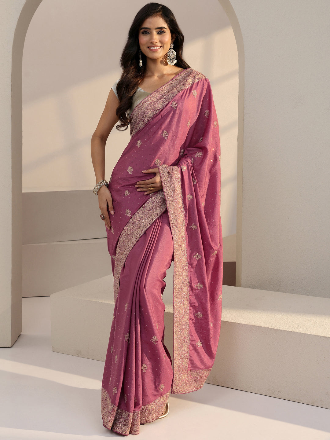  Vintage Pink Floral Embellished Satin Saree 