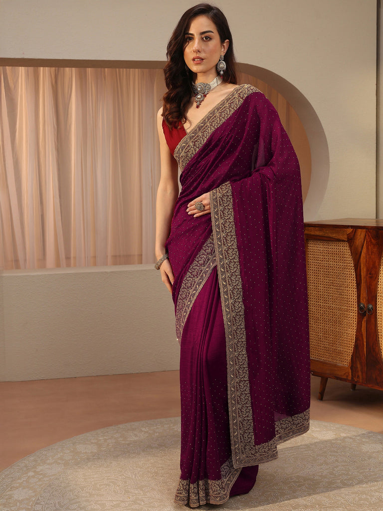 Libas Maroon Embellished Silk Blend Saree