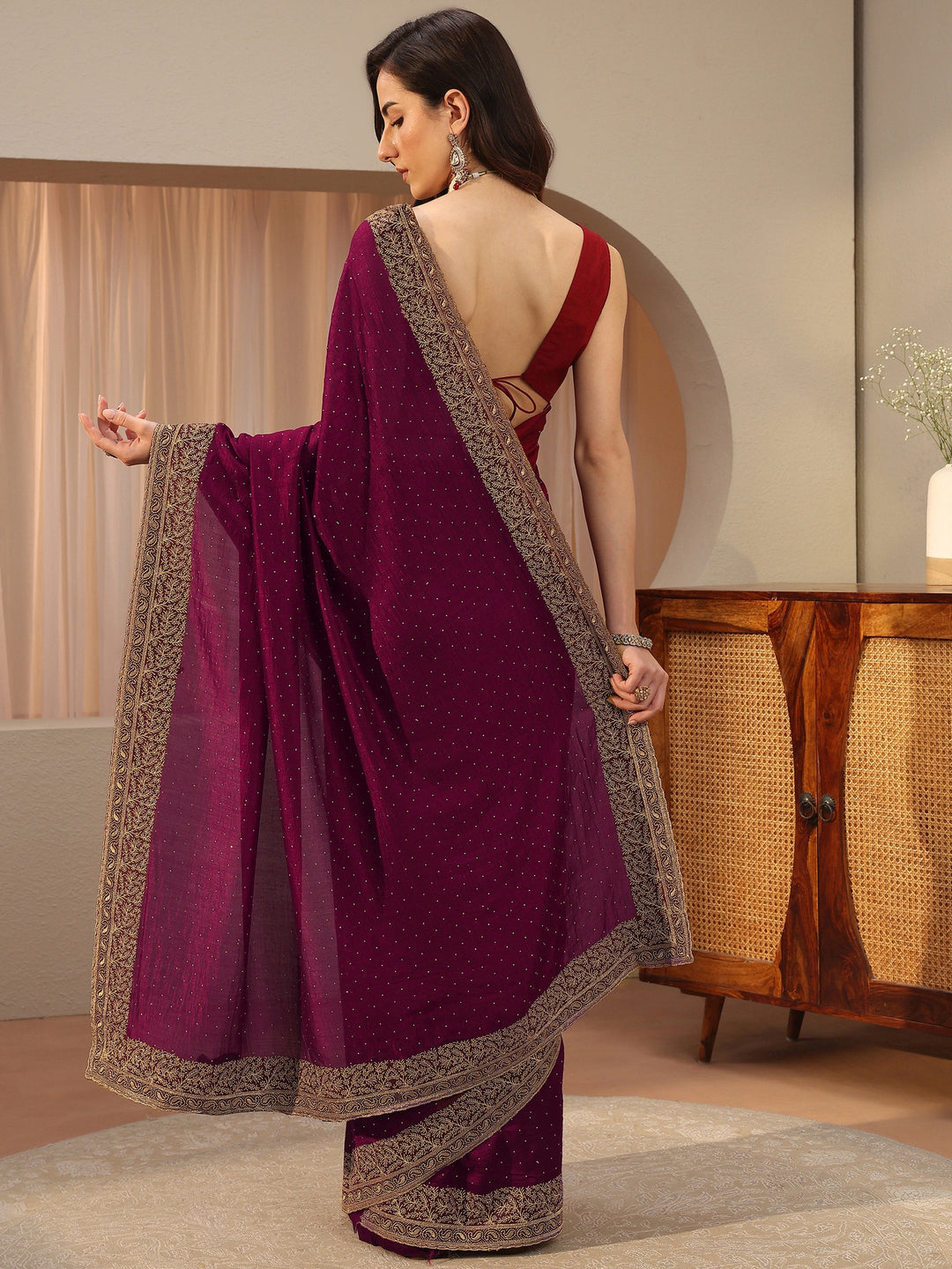  Maroon Embellished Silk Blend Saree 