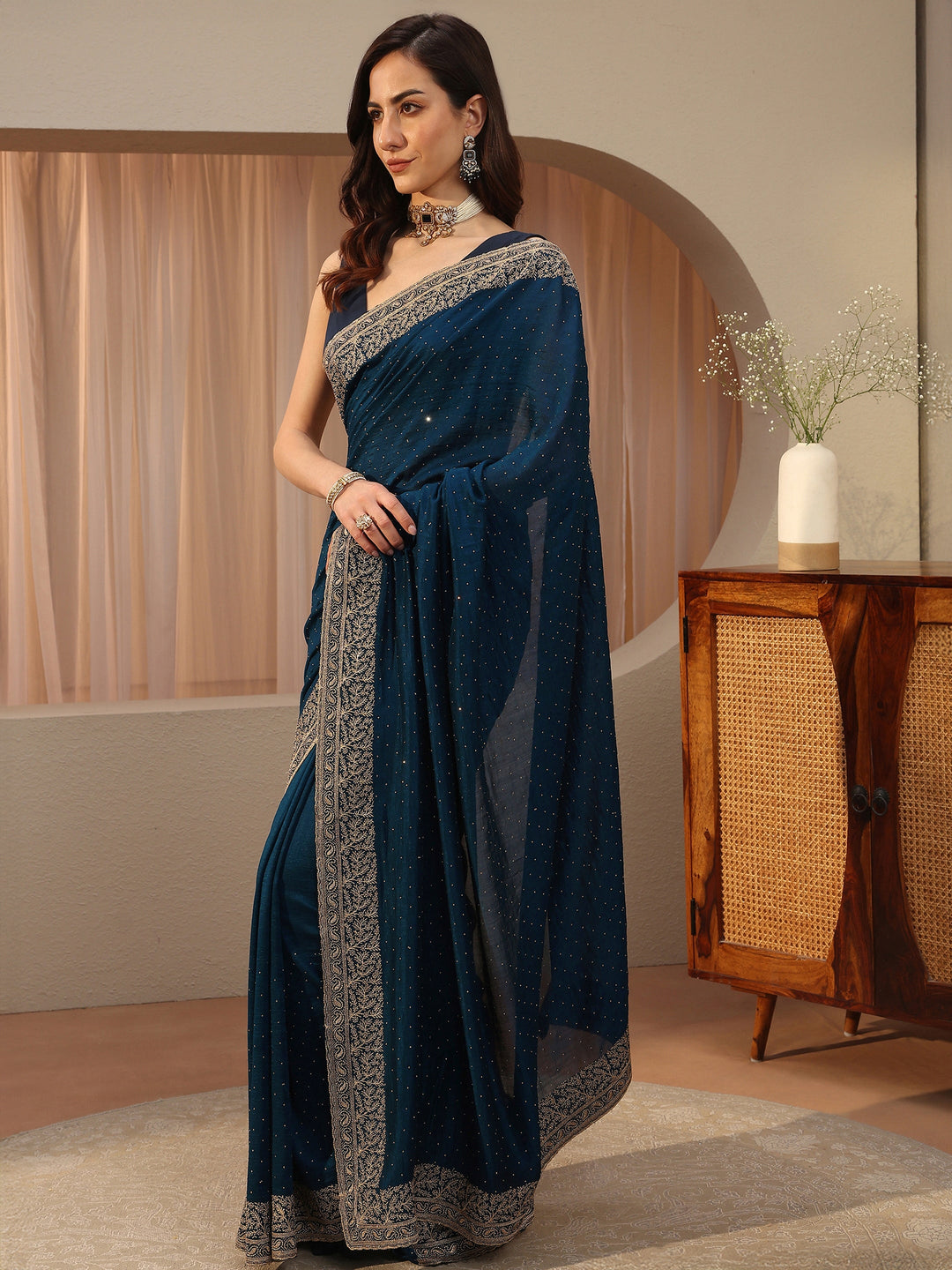  Navy Blue Embellished Silk Blend Saree 