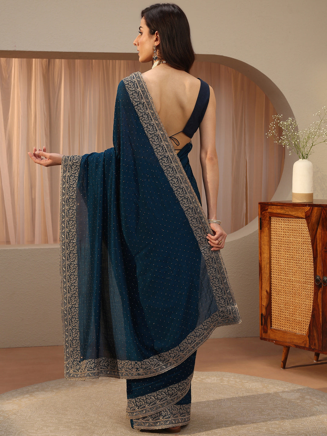  Navy Blue Embellished Silk Blend Saree 