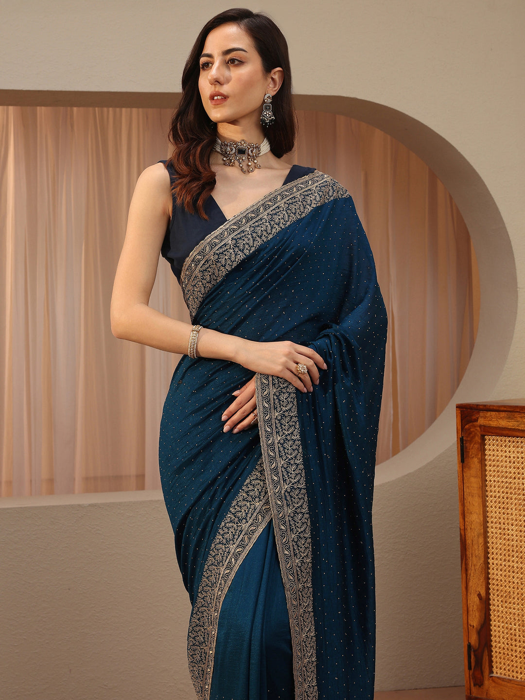  Navy Blue Embellished Silk Blend Saree 