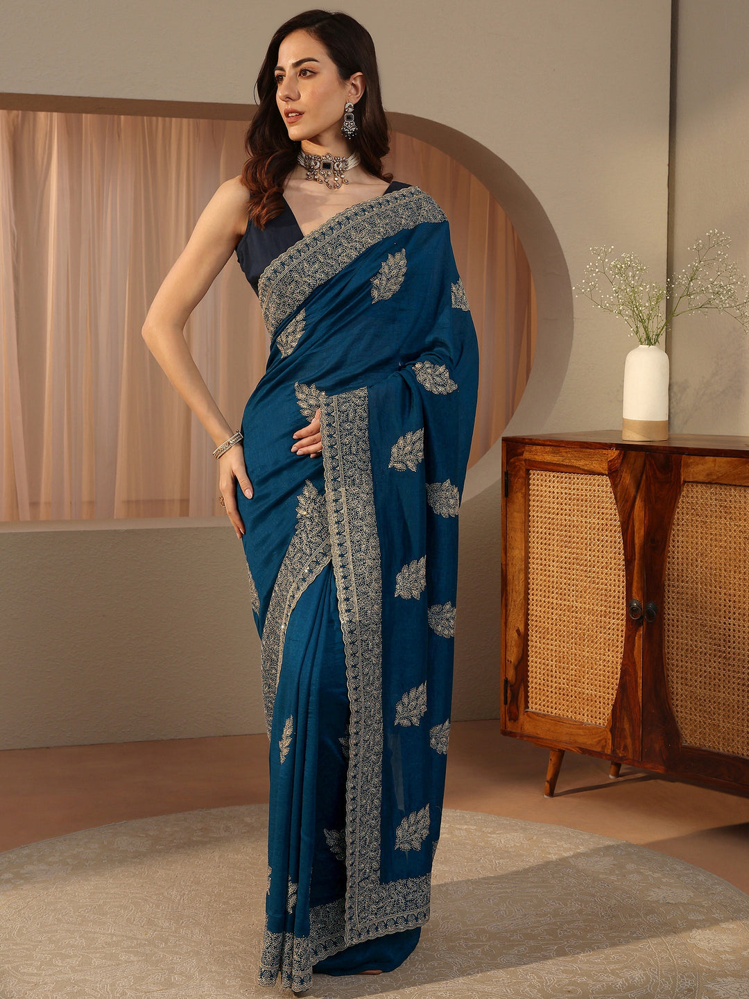  Navy Blue Floral Embroidered Silk Blend Saree 