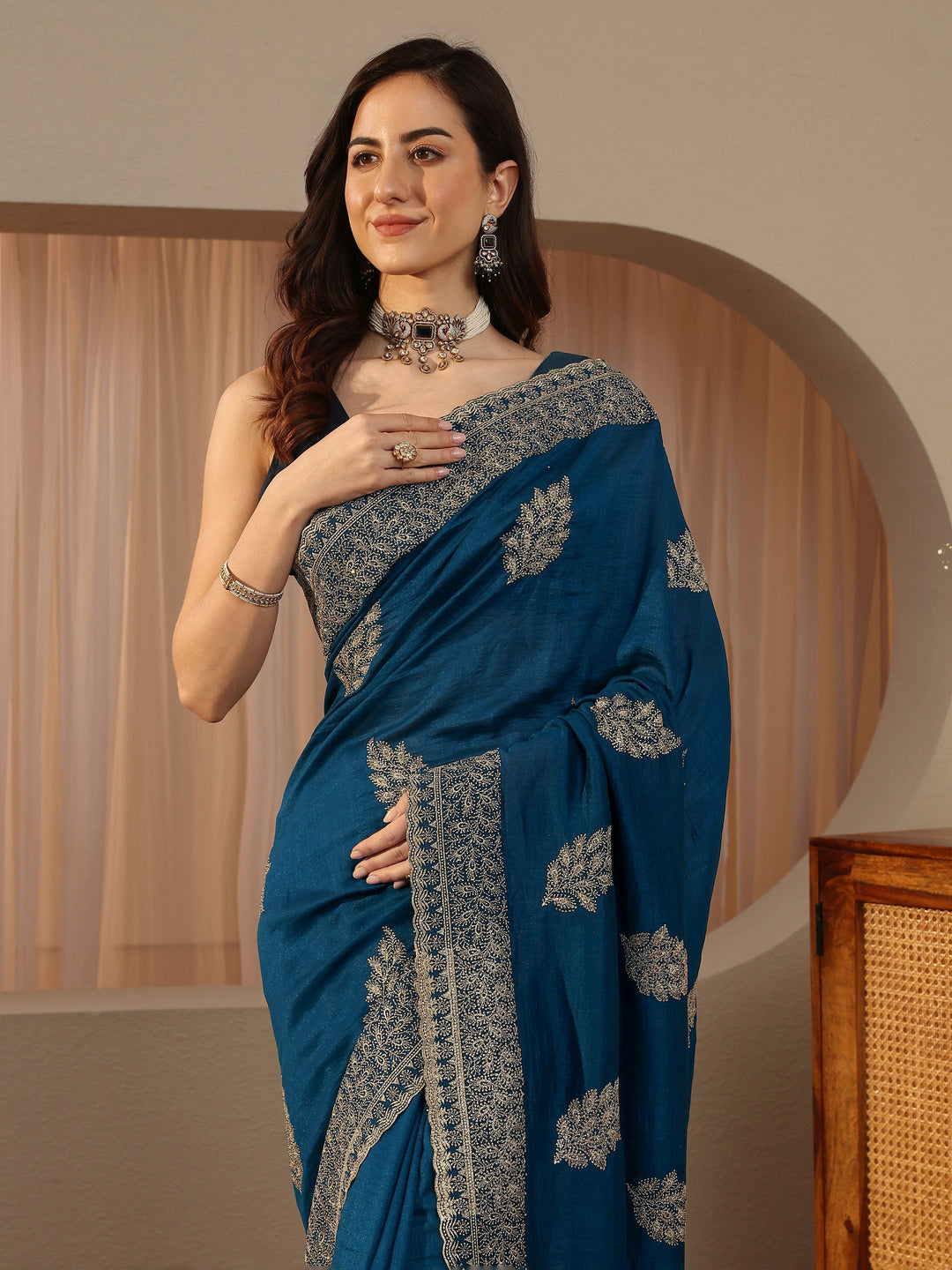  Navy Blue Floral Embroidered Silk Blend Saree 