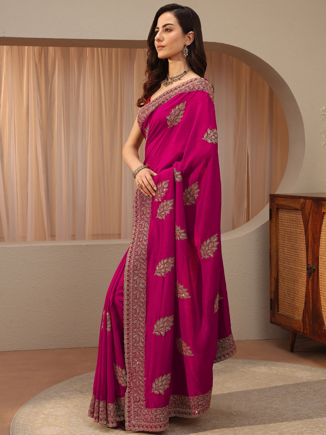  Rani Pink Floral Embroidered Silk Blend Saree 