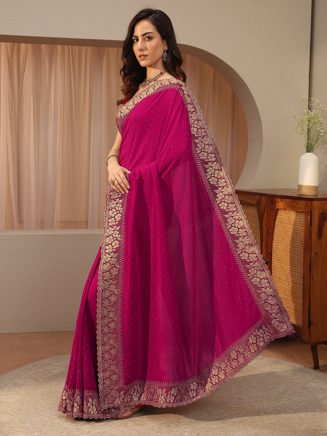  Rani Pink Embellished Silk Blend Saree 