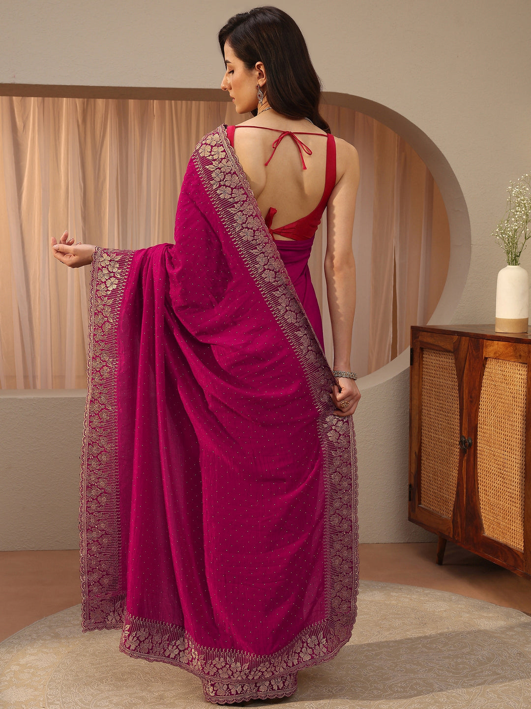  Rani Pink Embellished Silk Blend Saree 