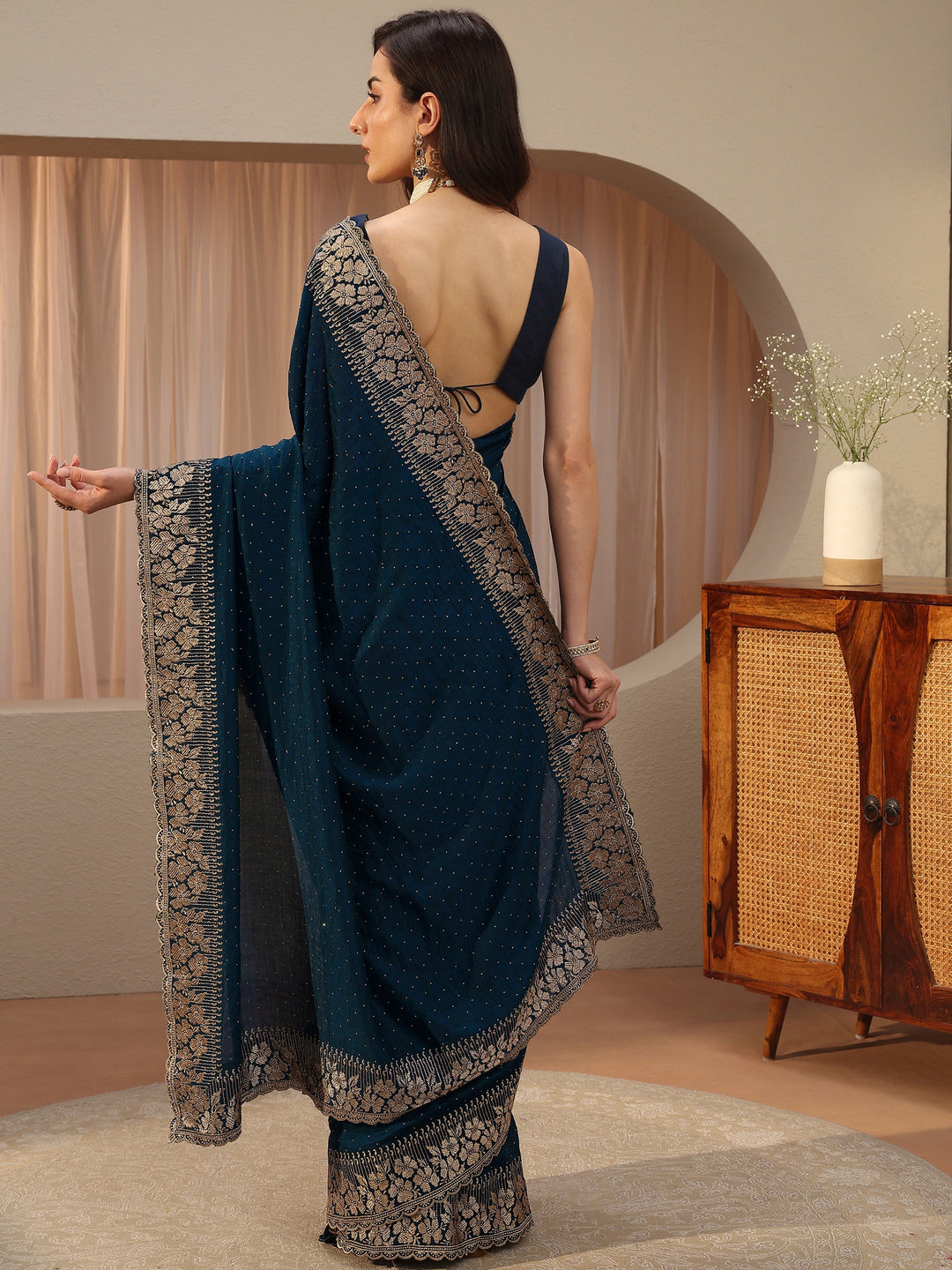  Navy Blue Embellished Silk Blend Saree 
