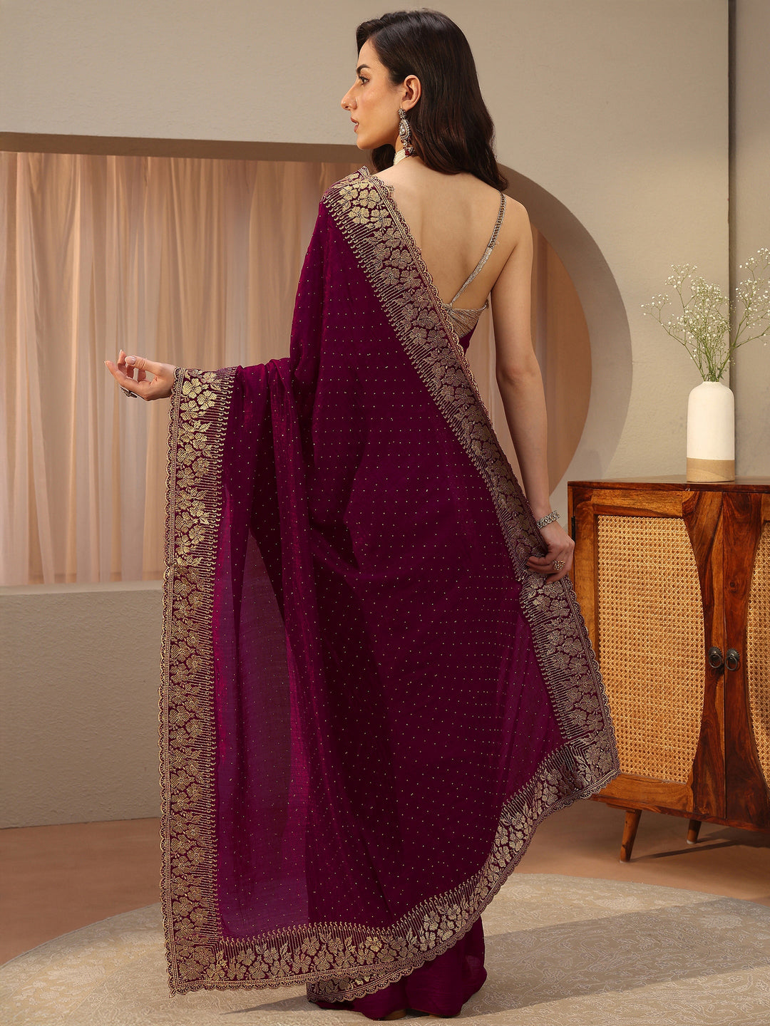  Burgundy Embellished Silk Blend Saree 