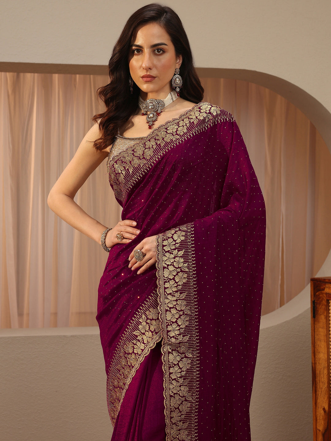  Burgundy Embellished Silk Blend Saree 
