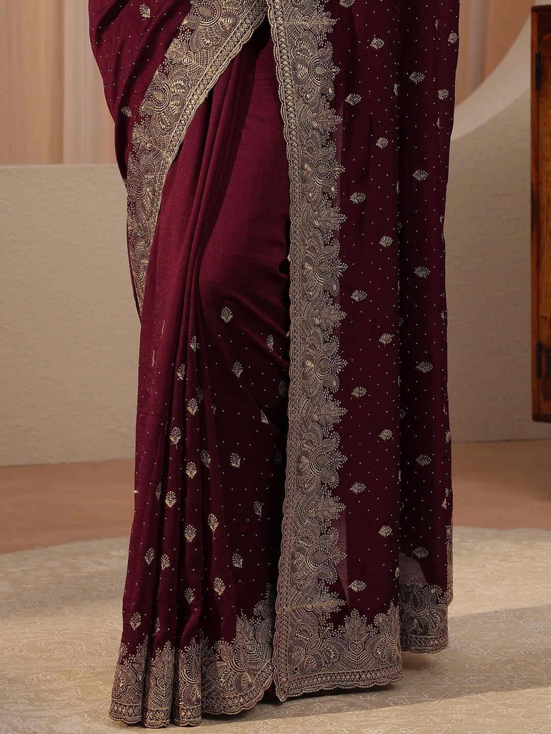  Maroon Ethnic Embroidered Silk Blend Saree 