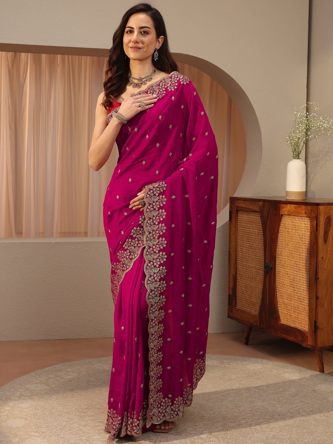  Rani Pink Floral Embroidered Silk Blend Saree 