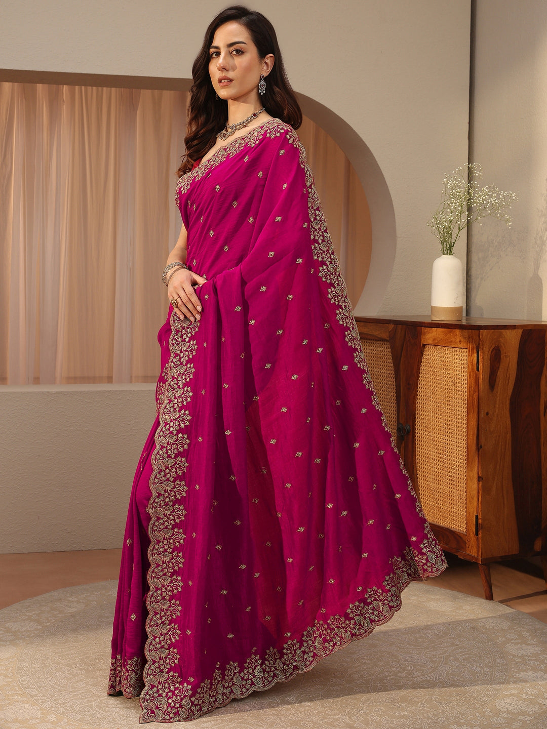  Rani Pink Floral Embroidered Silk Blend Saree 