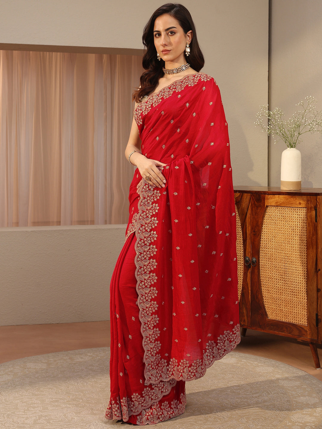  Vermilion Red Floral Embroidered Silk Blend Saree 