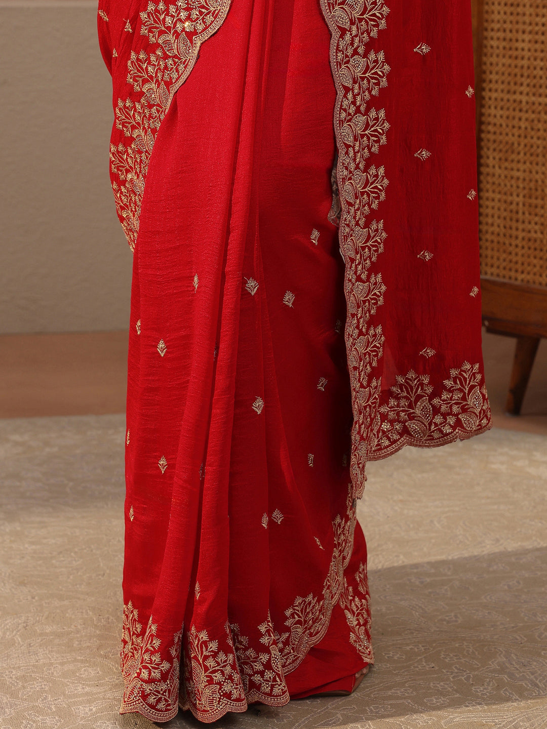  Vermilion Red Floral Embroidered Silk Blend Saree 
