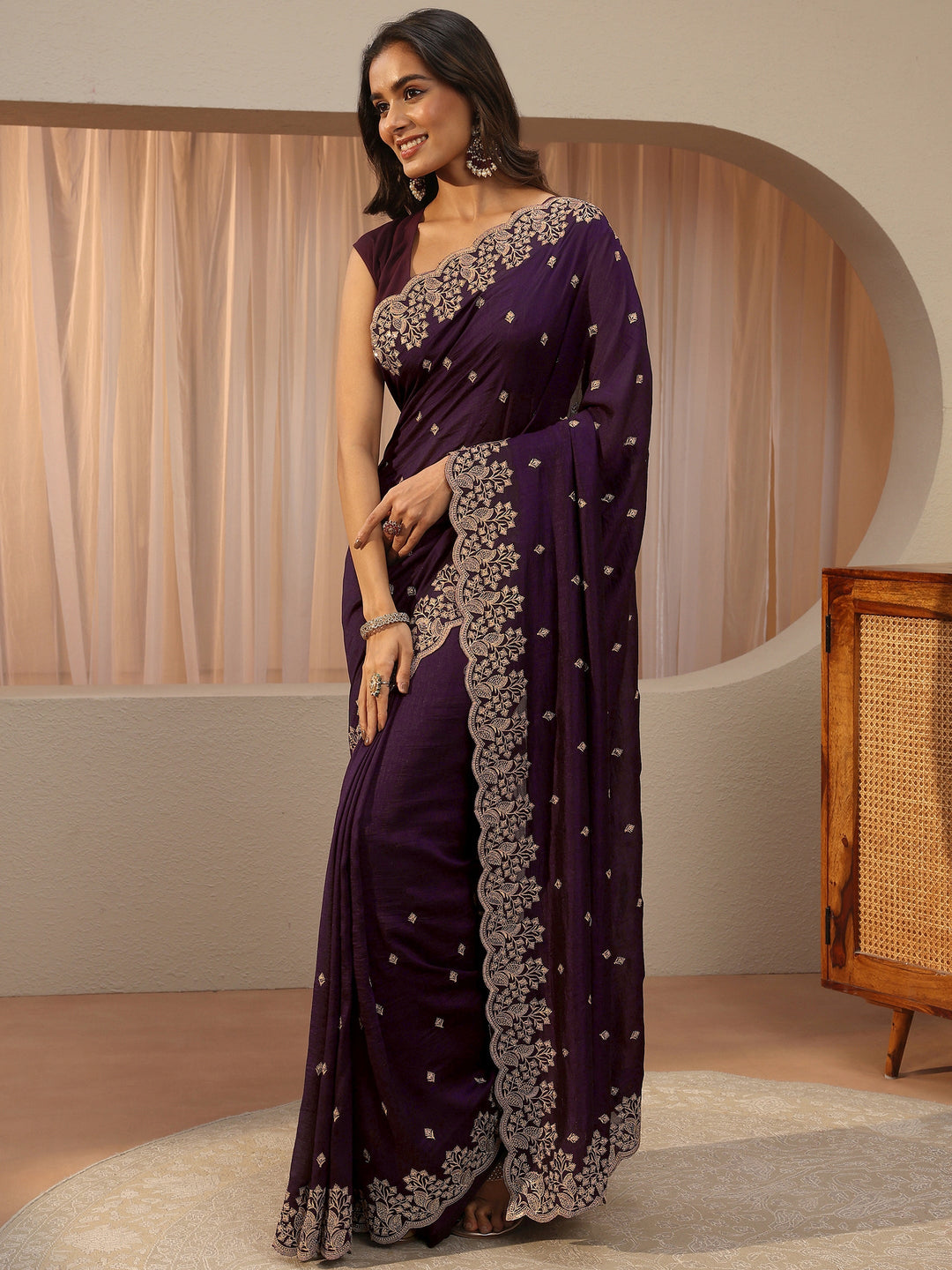  Plum Purple Floral Embroidered Silk Blend Saree 