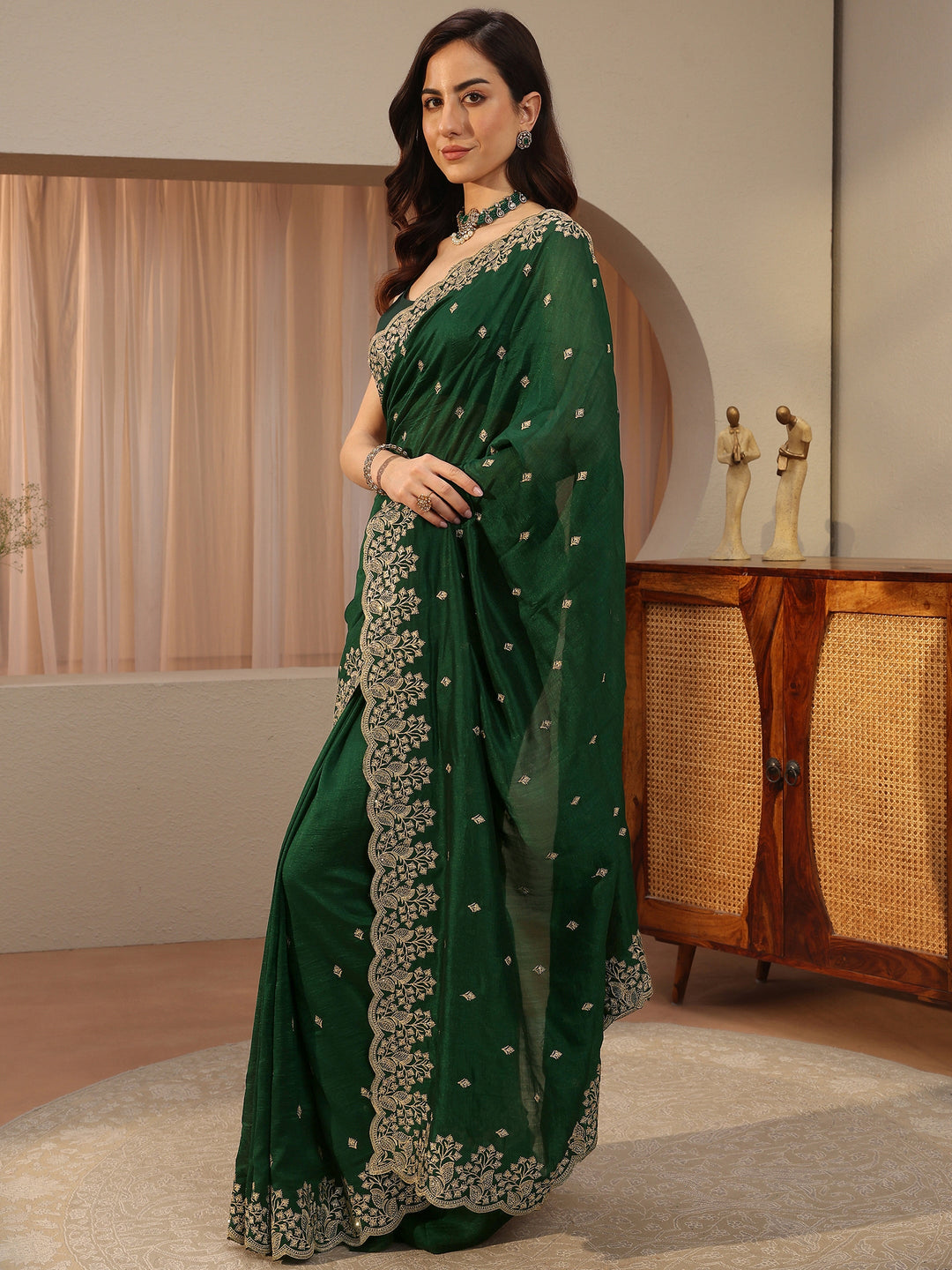  Sacramento Green Floral Embroidered Silk Blend Saree 