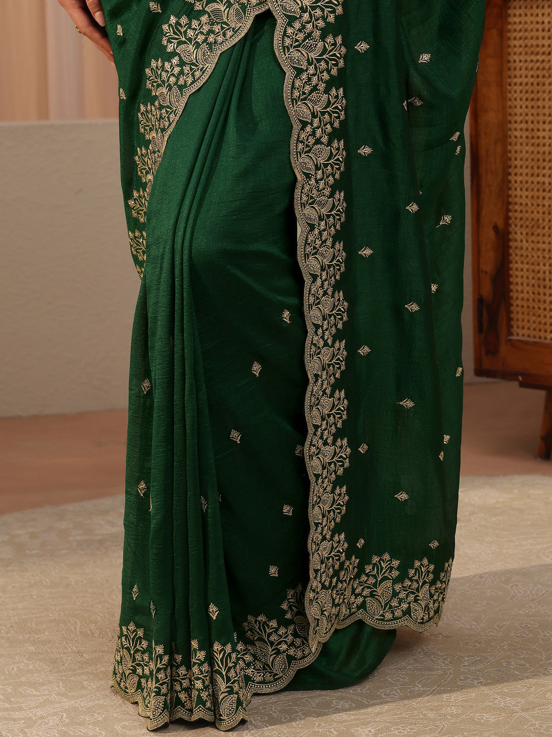  Sacramento Green Floral Embroidered Silk Blend Saree 
