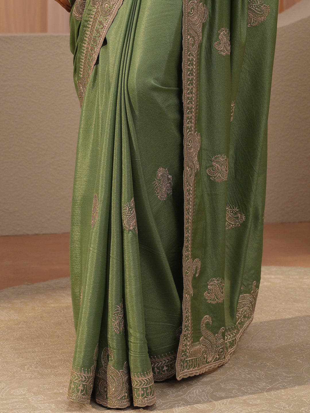  Sage Green Ethnic Embroidered Satin Saree 