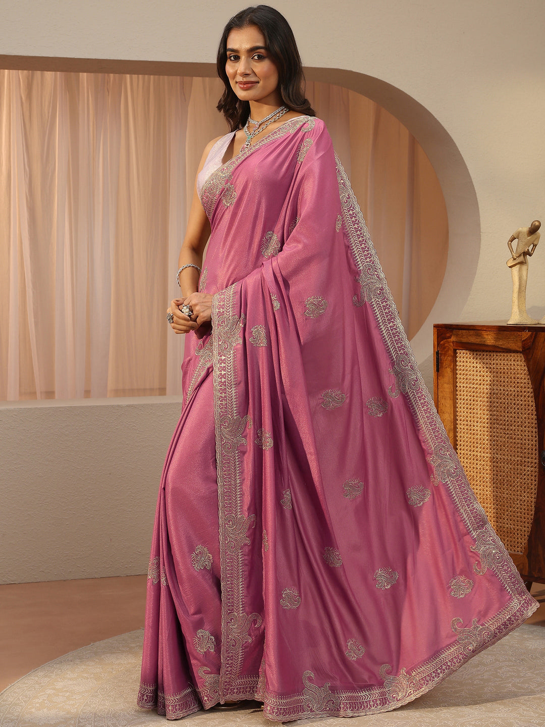  Rose Pink Ethnic Embroidered Satin Saree 