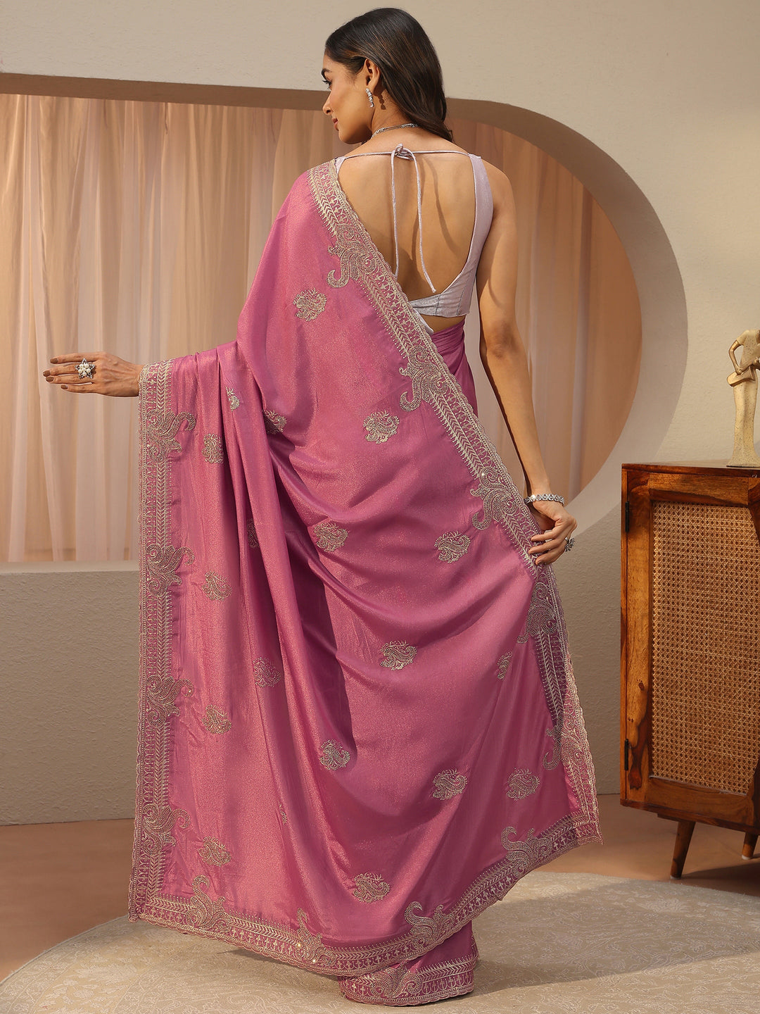  Rose Pink Ethnic Embroidered Satin Saree 