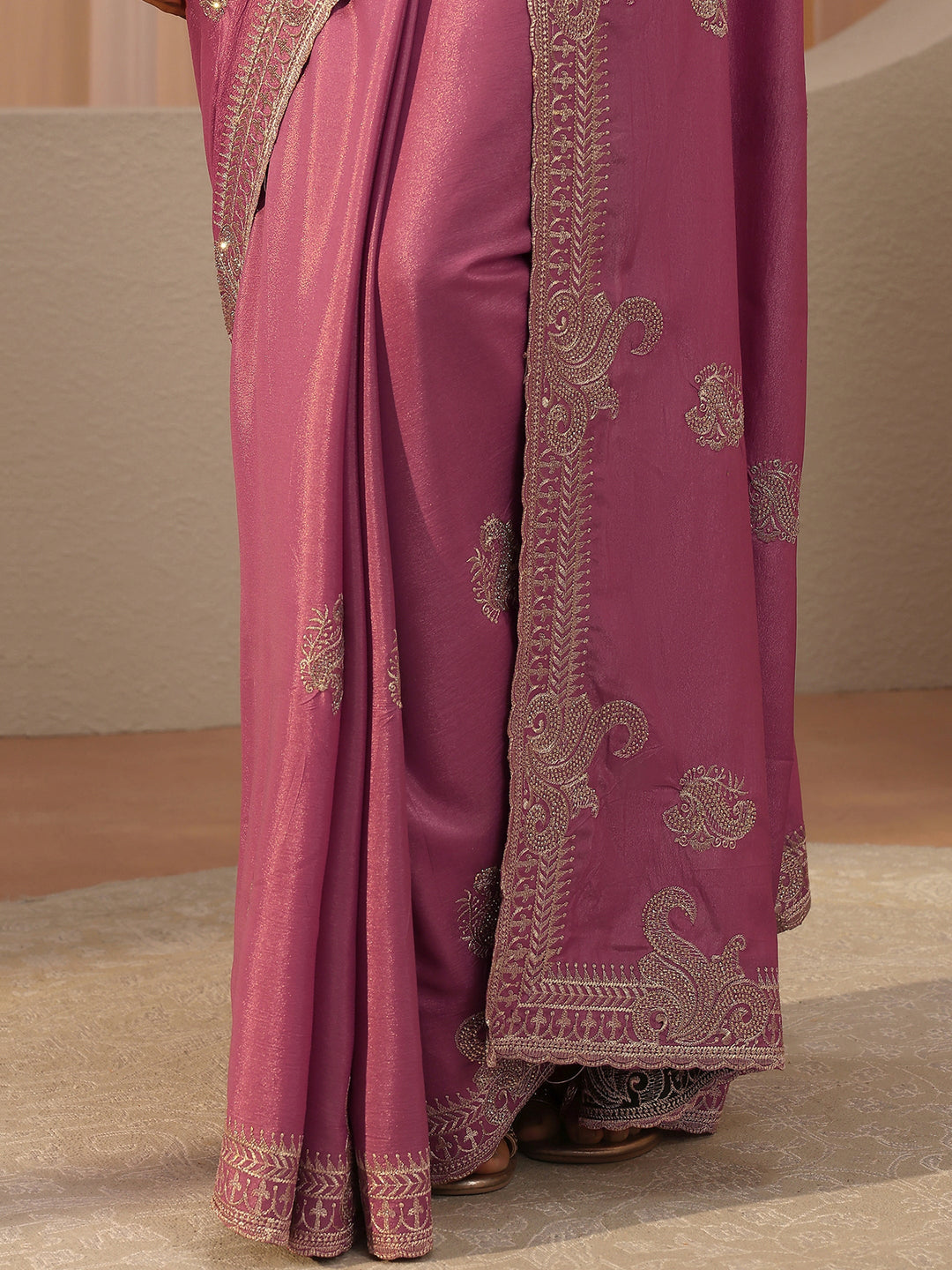  Rose Pink Ethnic Embroidered Satin Saree 