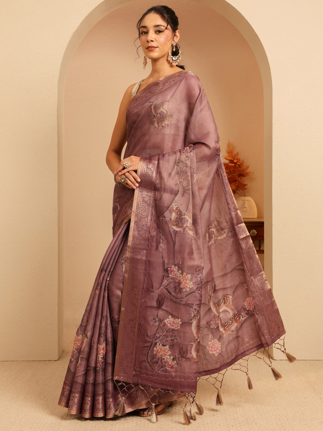  Mauve Floral Printed Silk Blend Saree 
