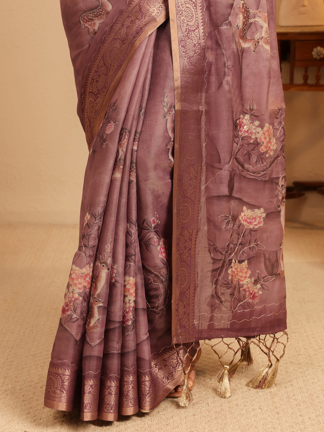  Mauve Floral Printed Silk Blend Saree 