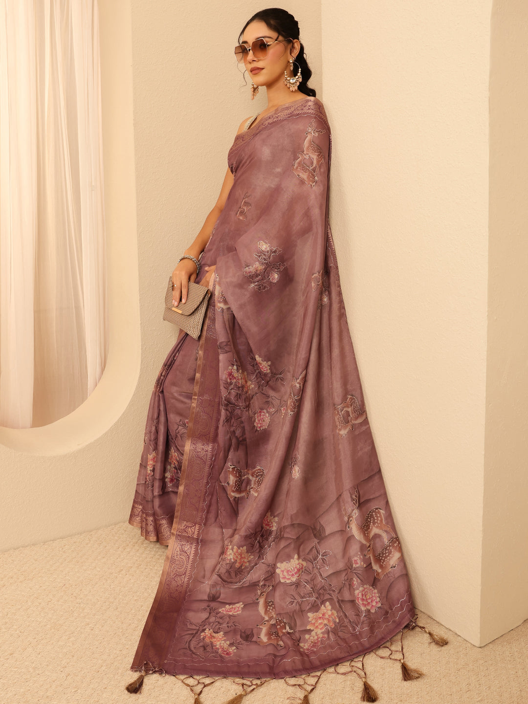  Mauve Floral Printed Silk Blend Saree 