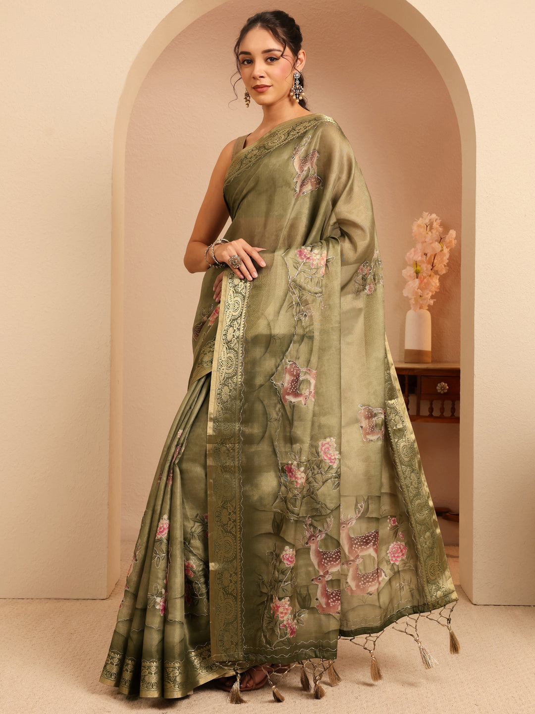  Olive Green Floral Printed Silk Blend Saree 