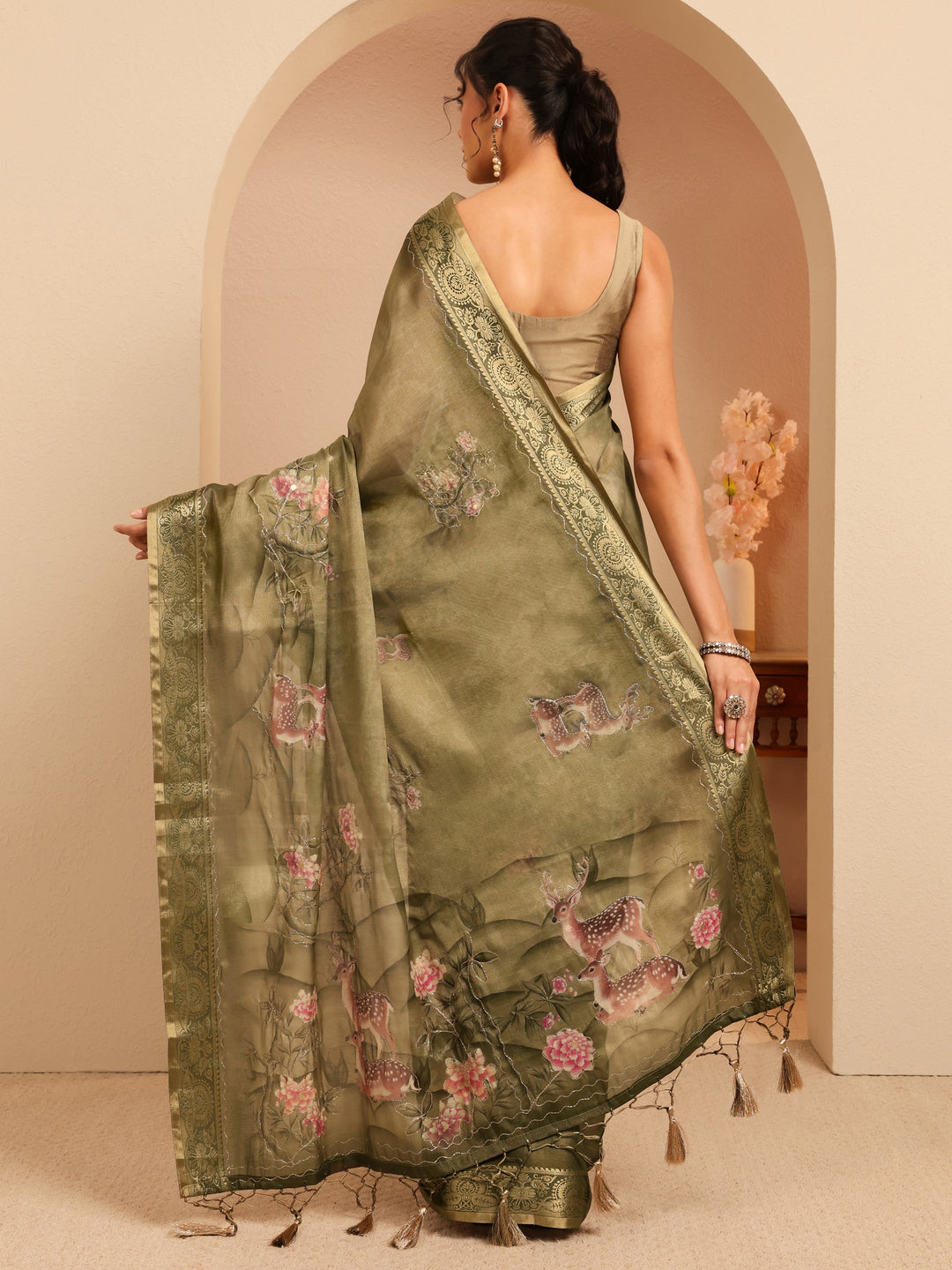  Olive Green Floral Printed Silk Blend Saree 