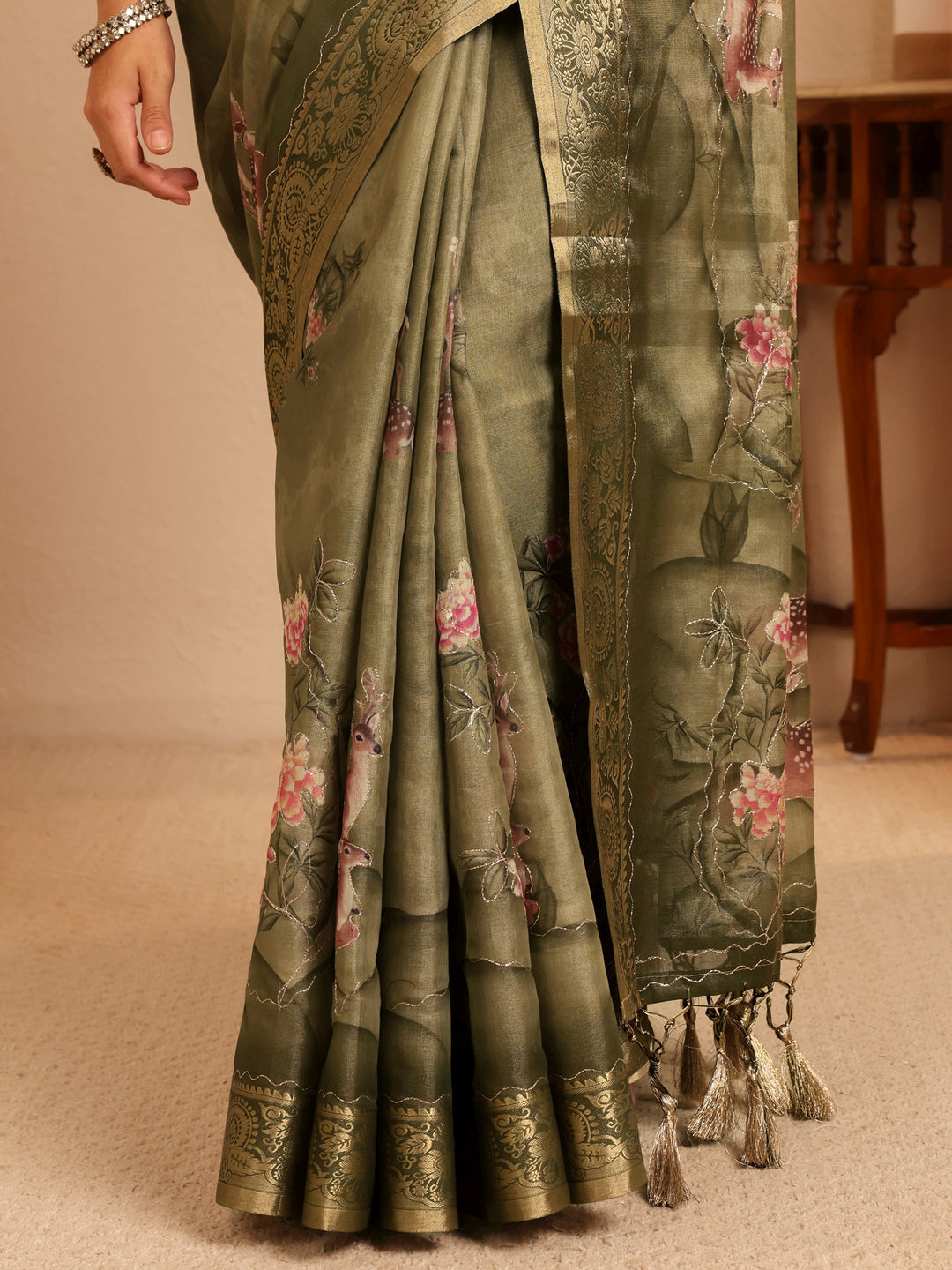  Olive Green Floral Printed Silk Blend Saree 