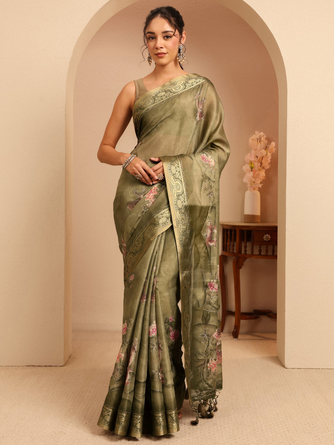  Olive Green Floral Printed Silk Blend Saree 