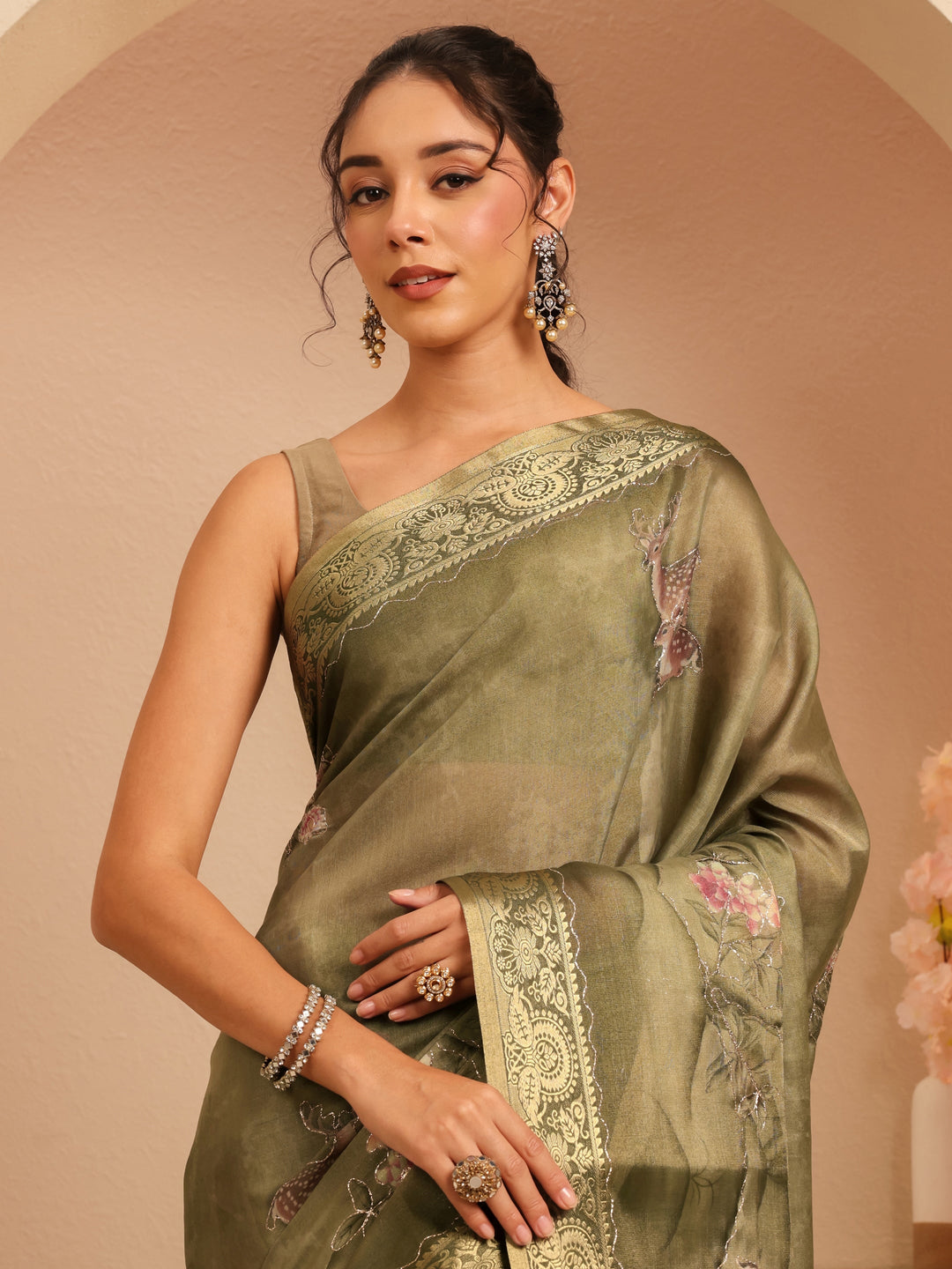  Olive Green Floral Printed Silk Blend Saree 