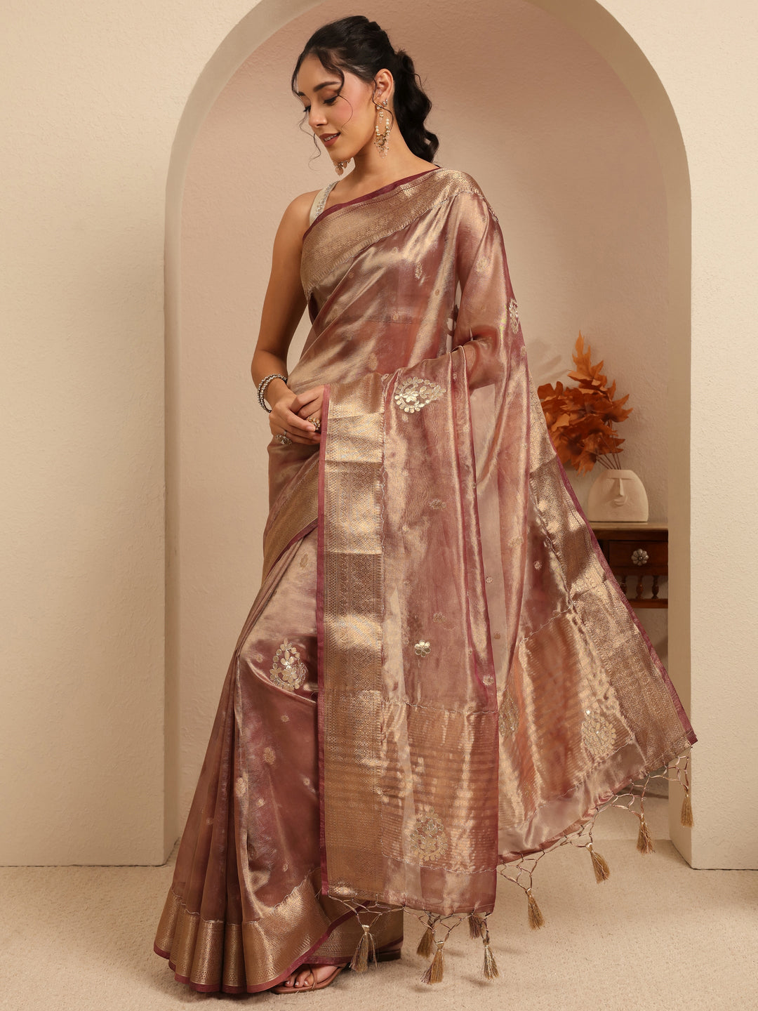  Mauve Floral Woven Design Silk Blend Saree 