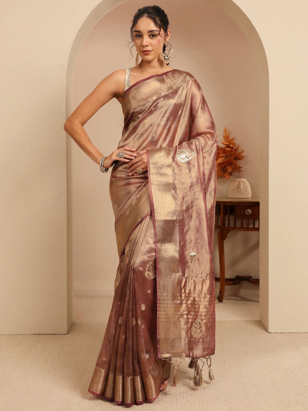  Mauve Floral Woven Design Silk Blend Saree 