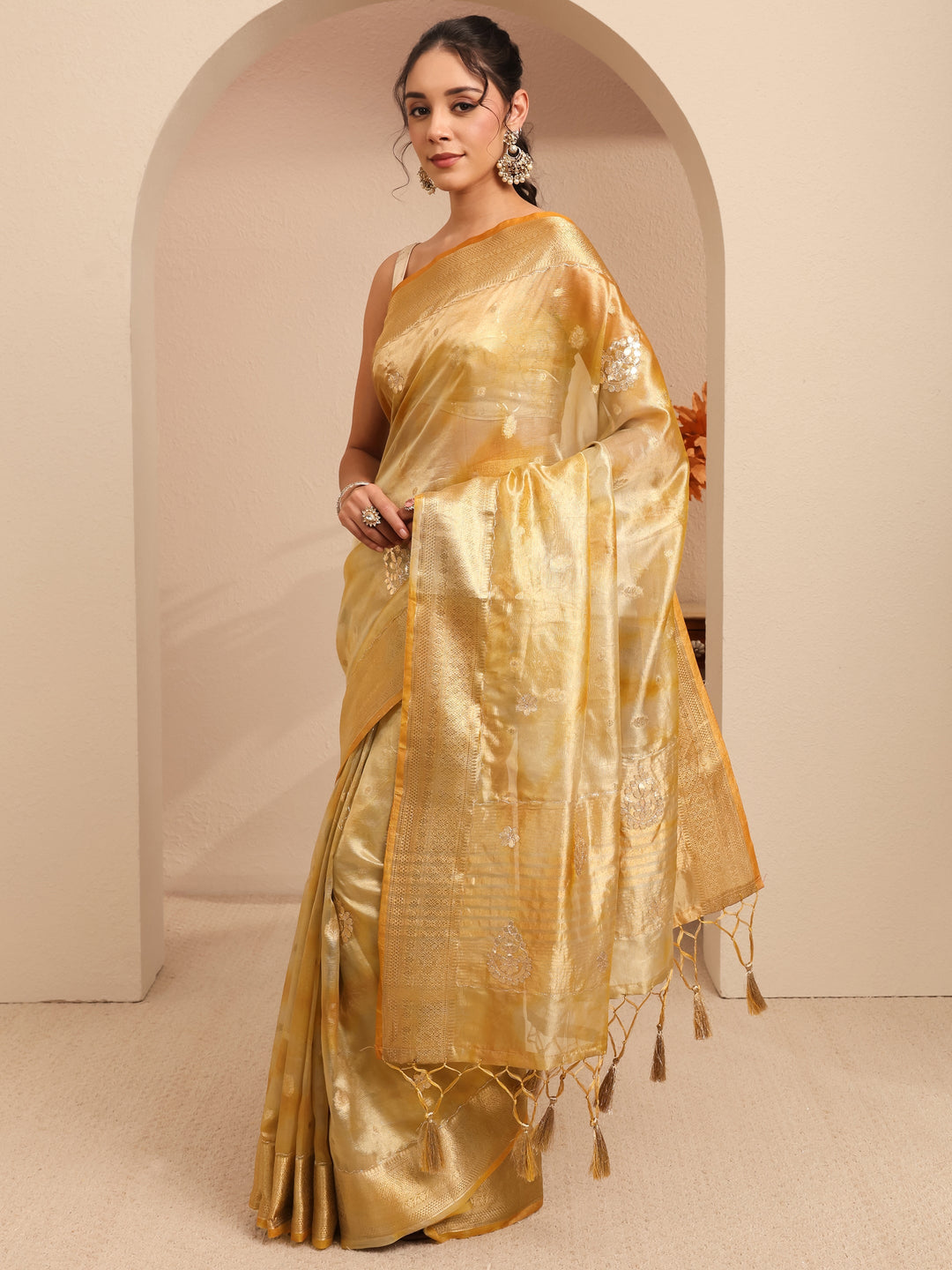  Mustard Floral Woven Design Silk Blend Saree 