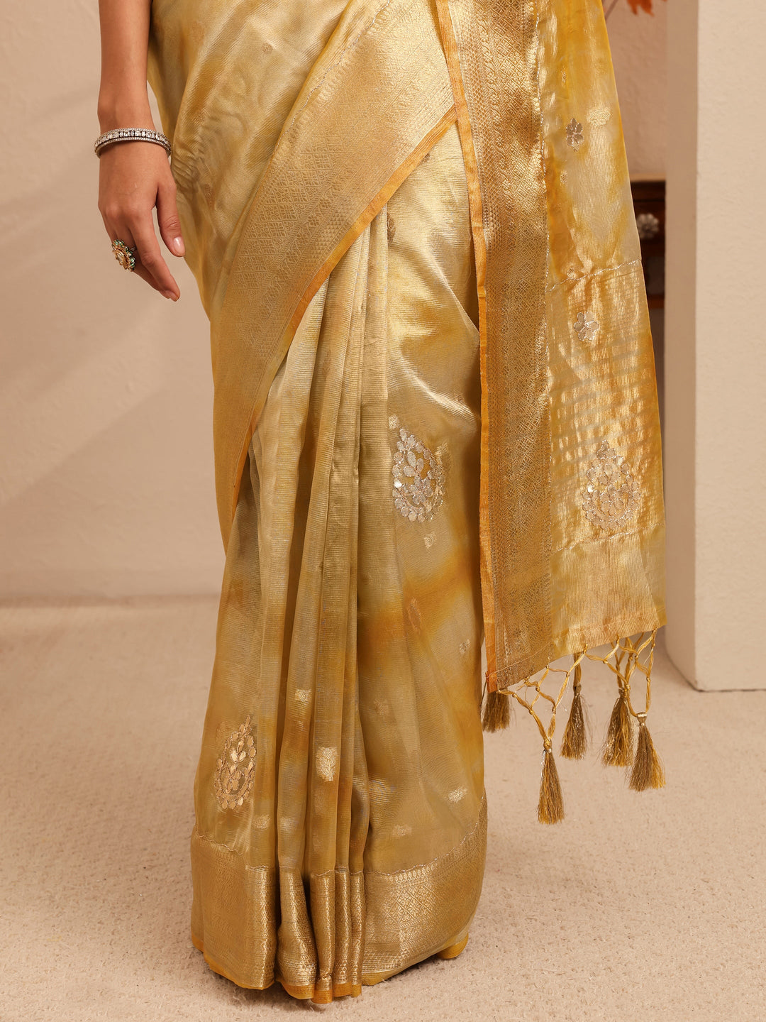  Mustard Floral Woven Design Silk Blend Saree 