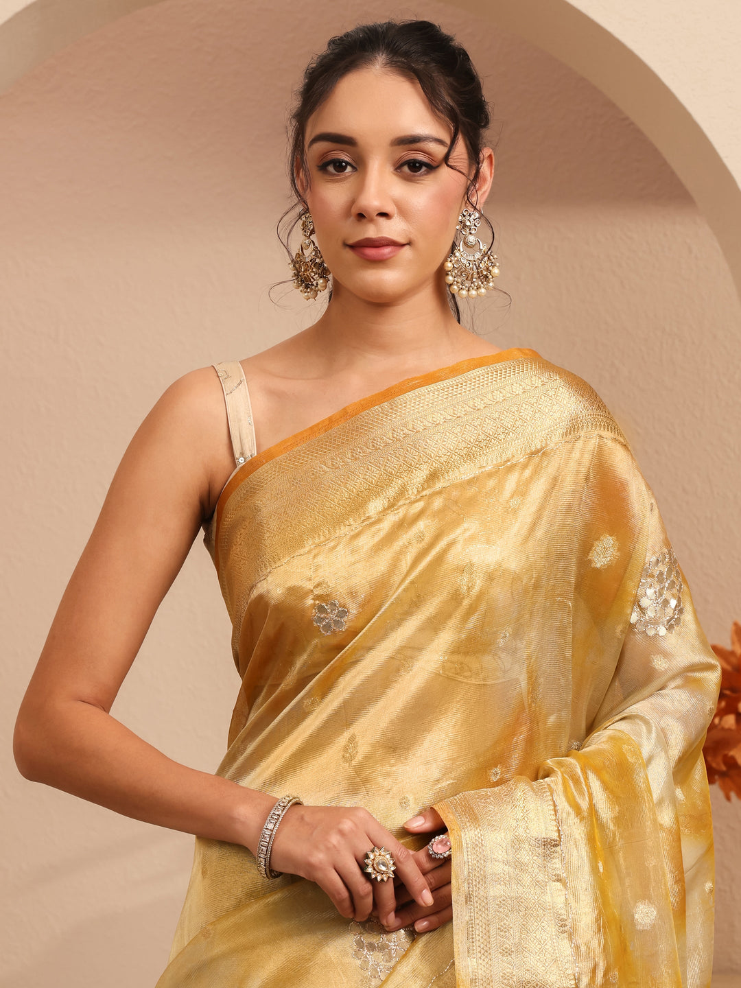  Mustard Floral Woven Design Silk Blend Saree 