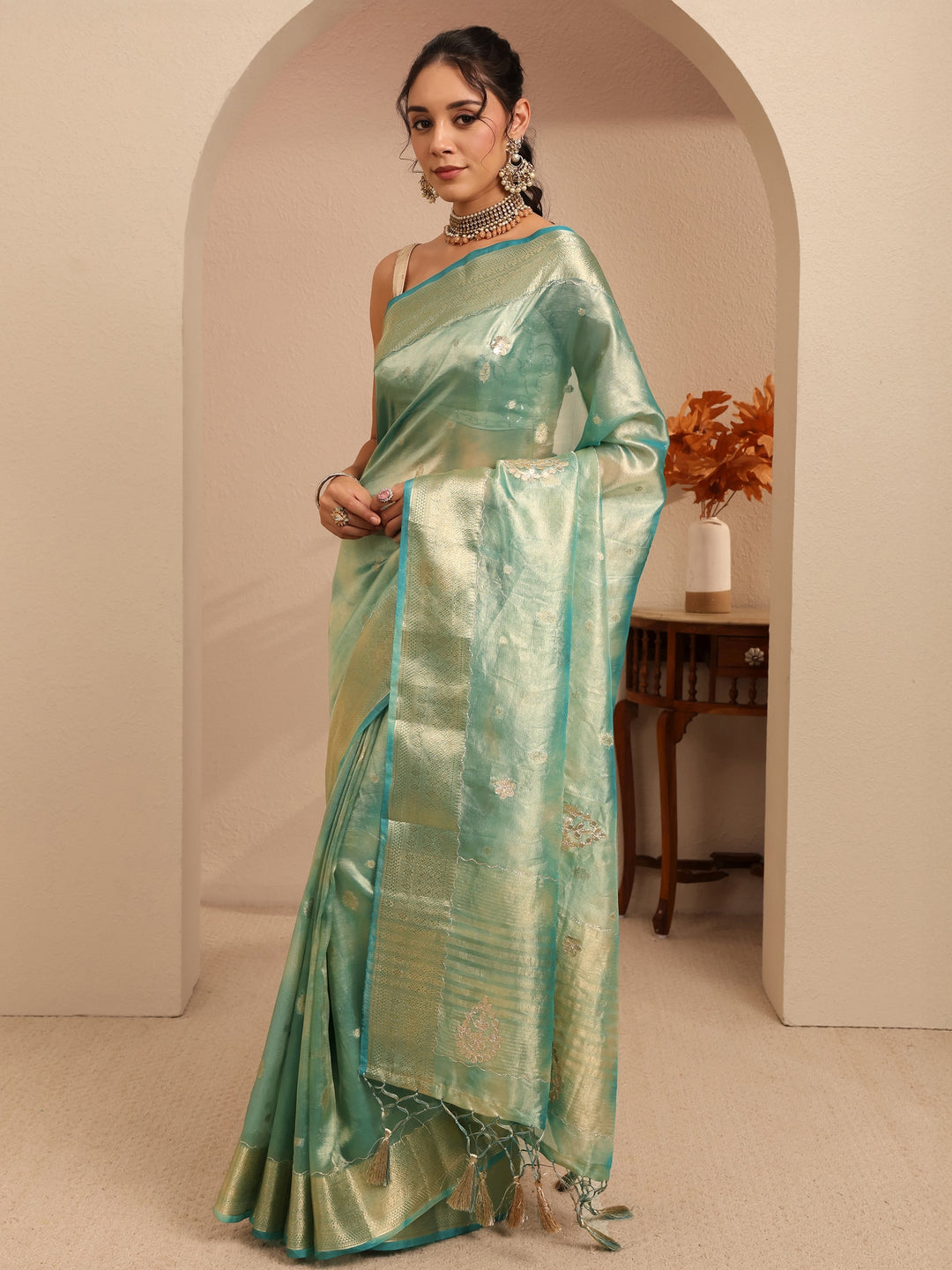  Powder Blue Floral Woven Design Silk Blend Saree 