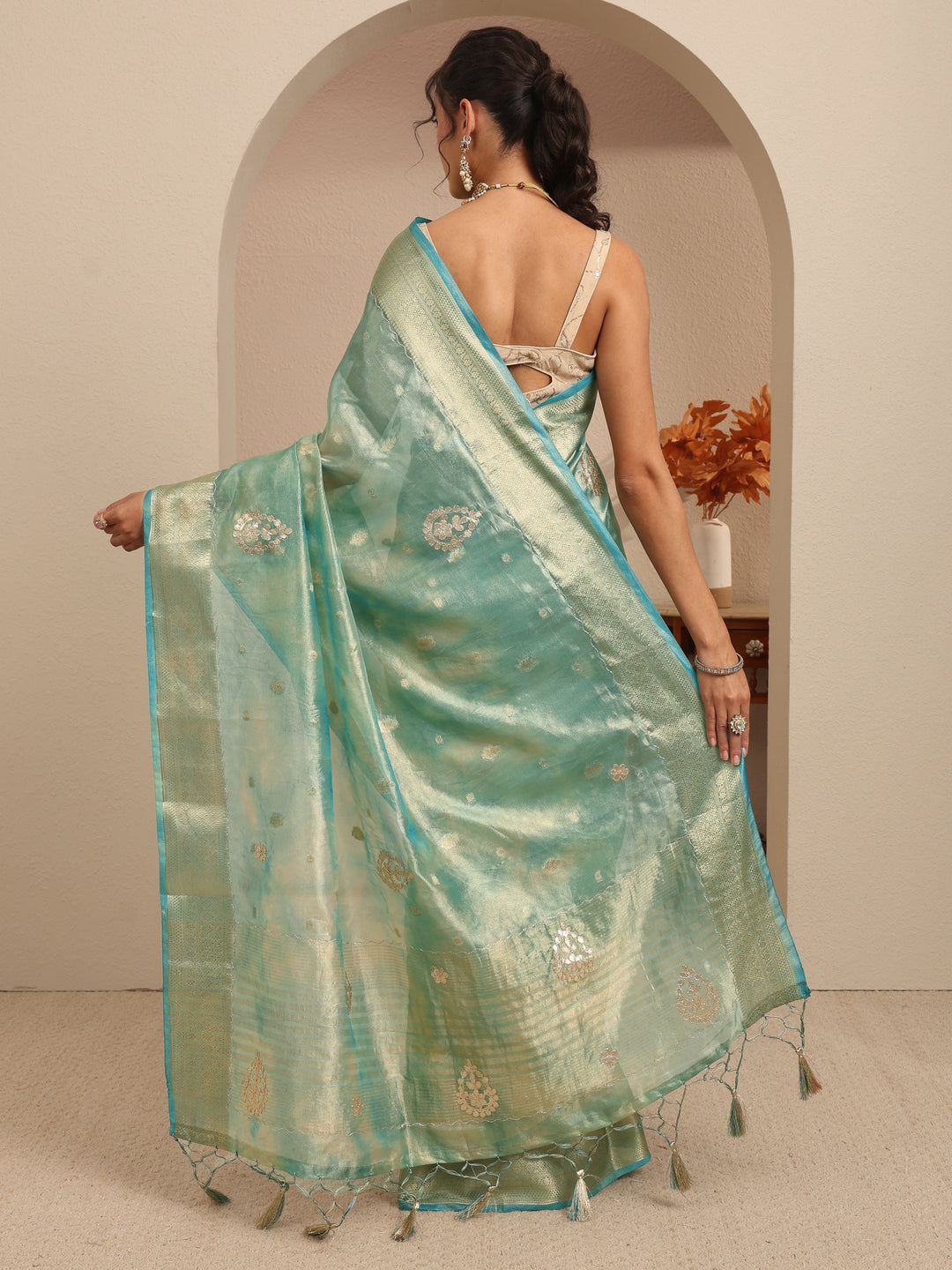  Powder Blue Floral Woven Design Silk Blend Saree 
