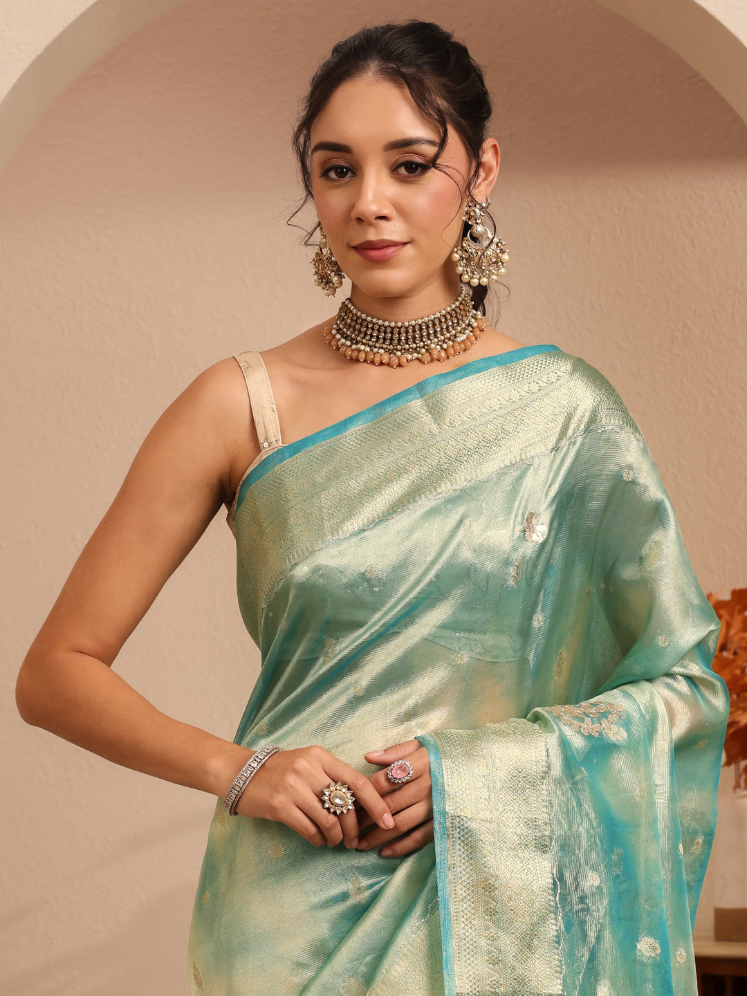  Powder Blue Floral Woven Design Silk Blend Saree 